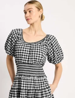 Cotton Rich Gingham Midi Waisted Dress