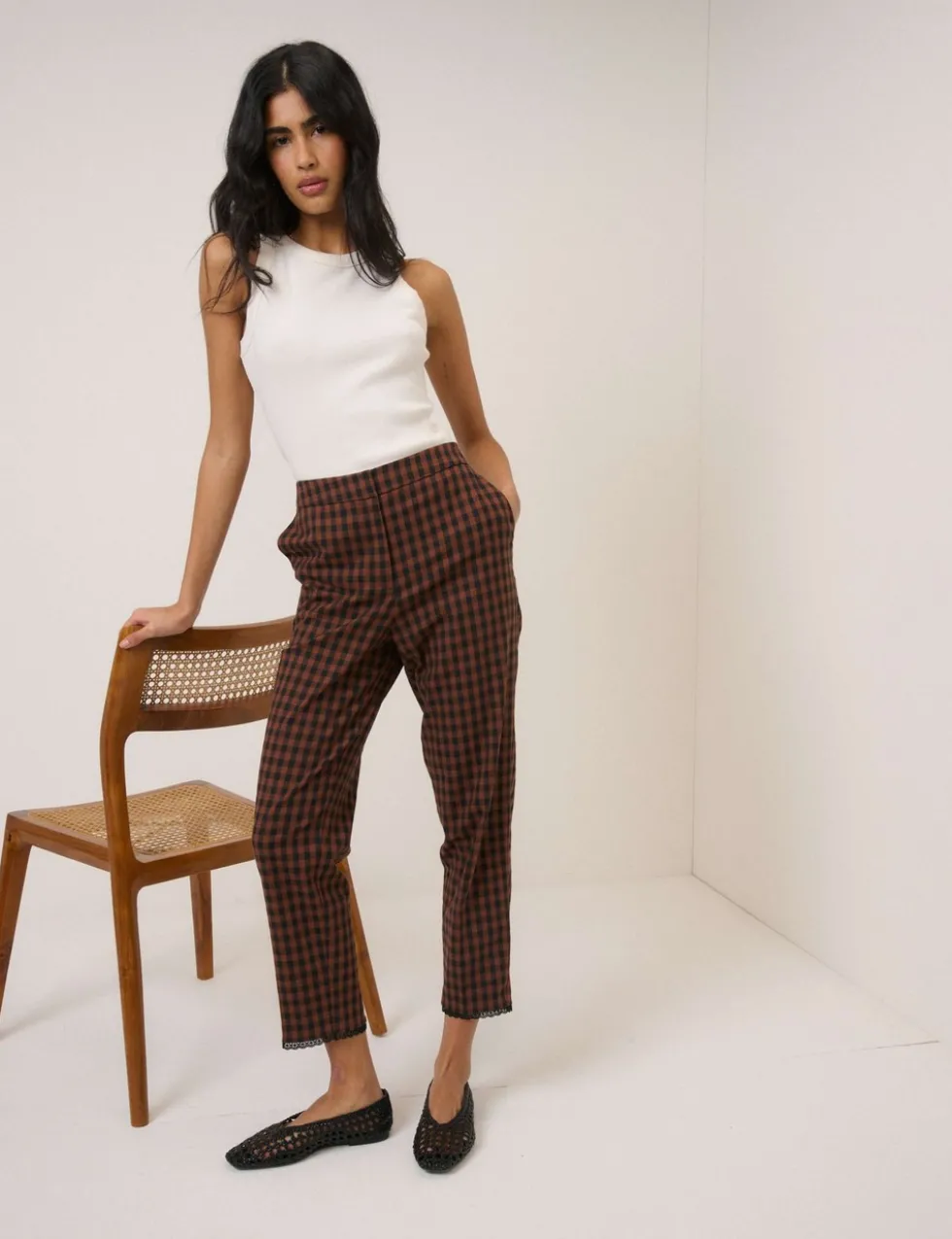 Cotton Rich Gingham Tapered Cropped Trousers
