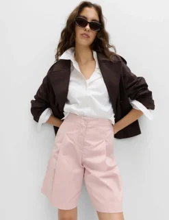 Cotton Rich High Waisted Pleat Front Bermuda Shorts