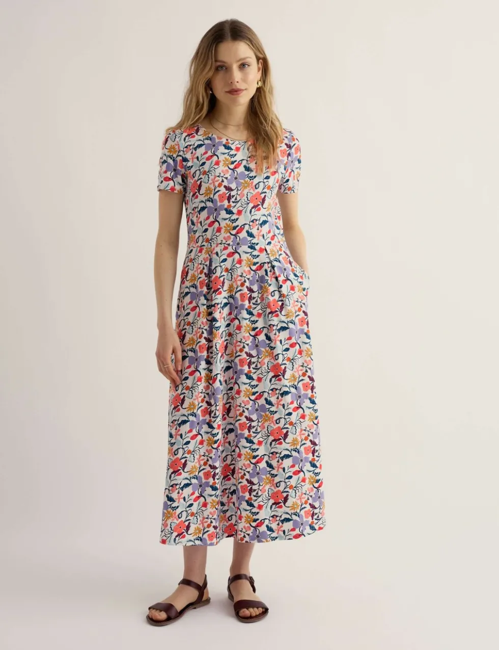 Cotton Rich Jersey Floral Midi Waisted Dress