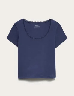 Cotton Rich Lace Trim Fitted Crop T-Shirt (6-16 Yrs)