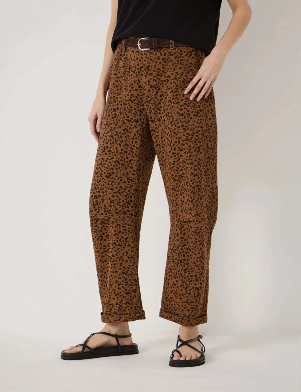 Cotton Rich Leopard Print Barrel Leg Trousers