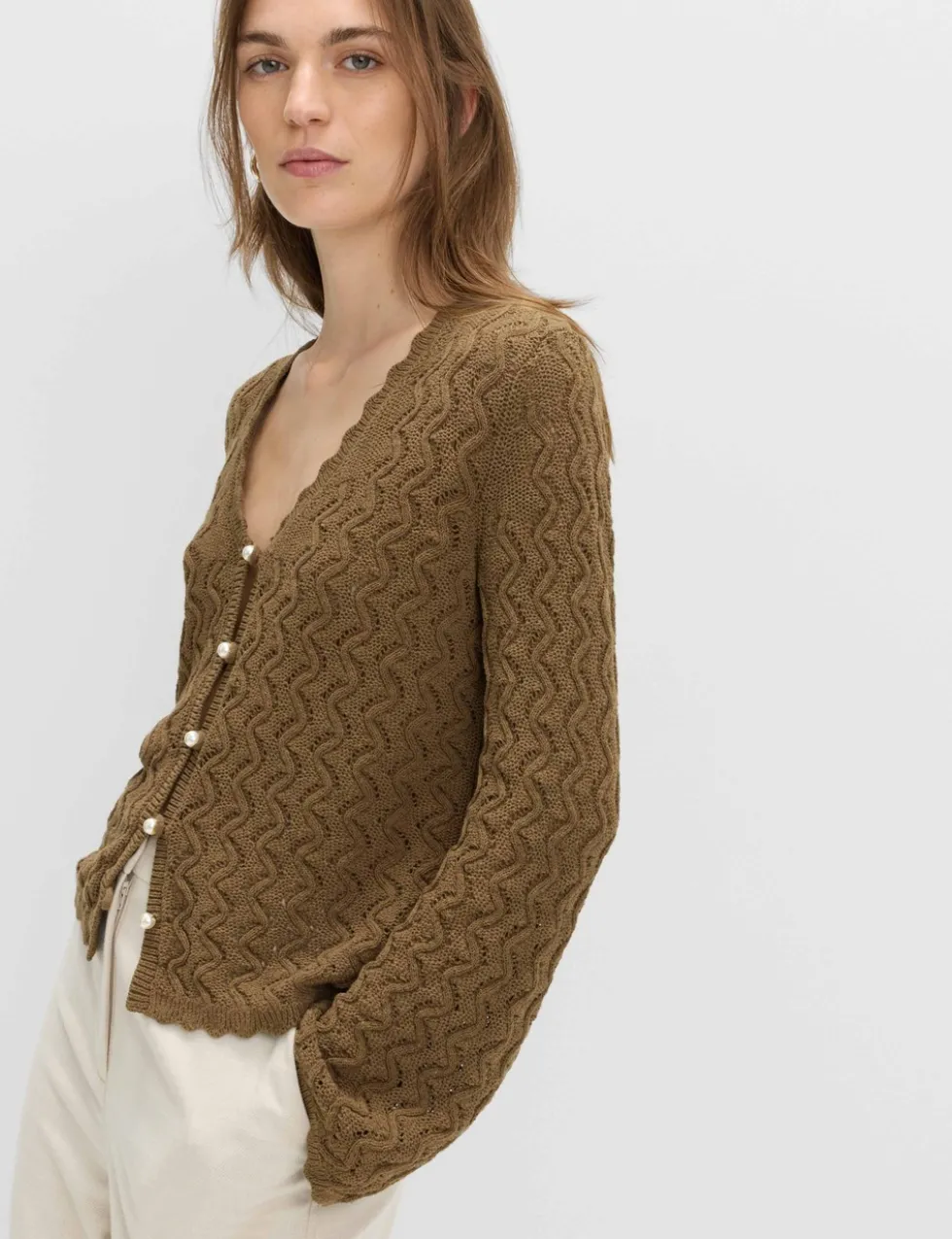 Cotton Rich Pearl Detail Scallop Edge Cardigan