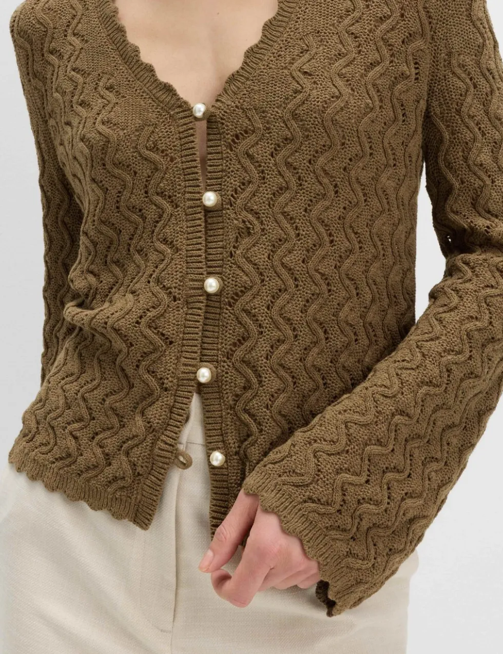 Cotton Rich Pearl Detail Scallop Edge Cardigan