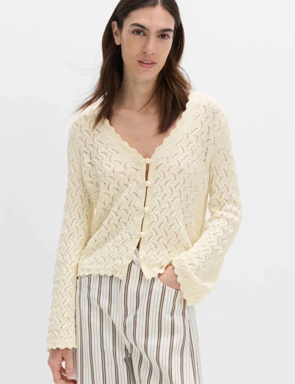 Cotton Rich Pearl Detail Scallop Edge Cardigan