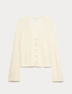 Cotton Rich Pearl Detail Scallop Edge Cardigan