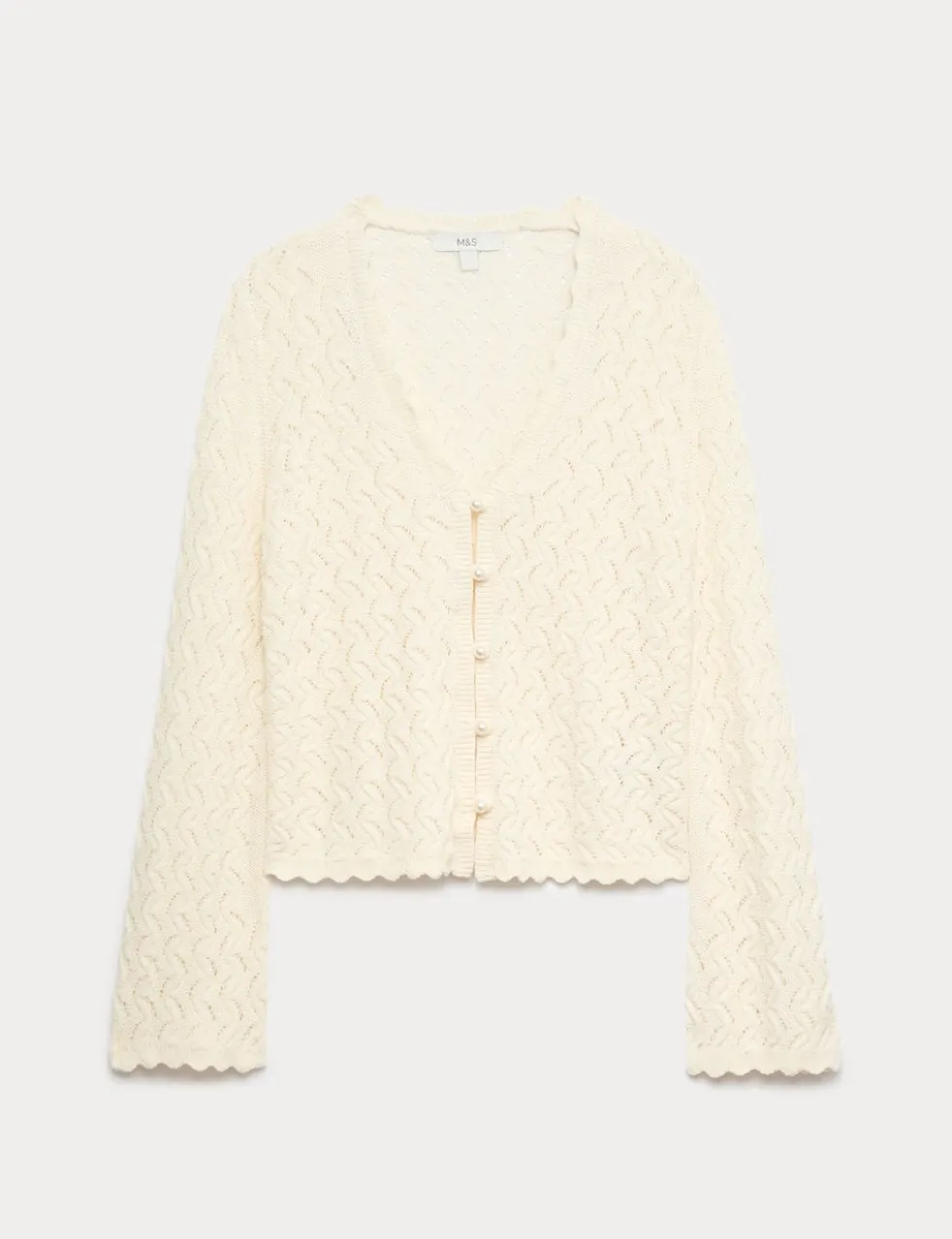 Cotton Rich Pearl Detail Scallop Edge Cardigan