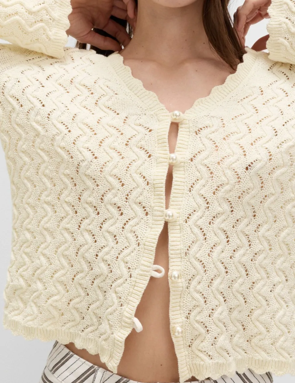 Cotton Rich Pearl Detail Scallop Edge Cardigan