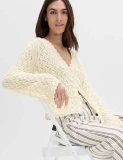 Cotton Rich Pearl Detail Scallop Edge Cardigan