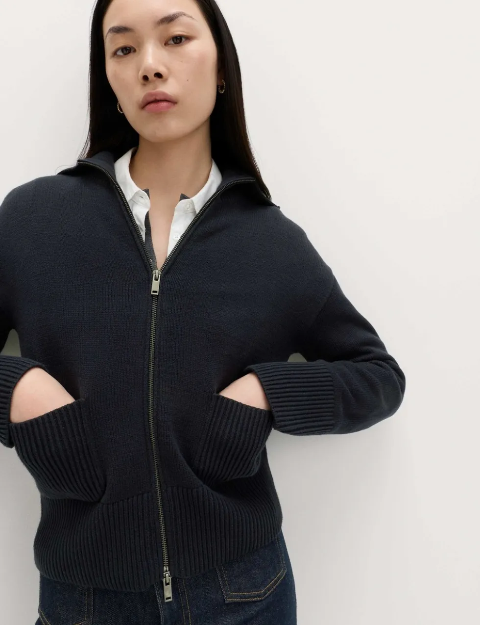 Cotton Rich Pocket Detail Collared Knitted Jacket