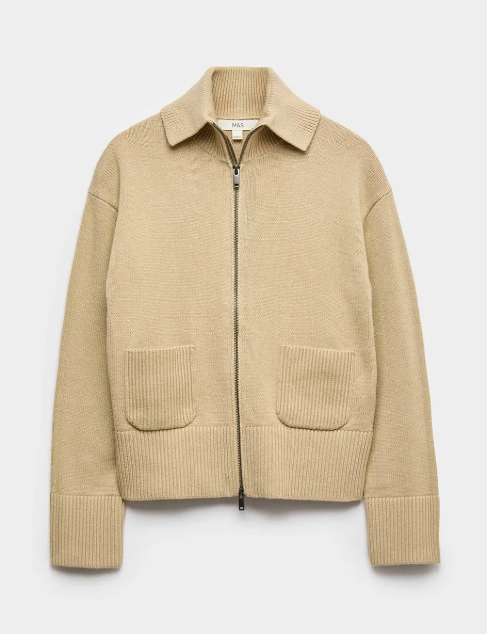 Cotton Rich Pocket Detail Collared Knitted Jacket