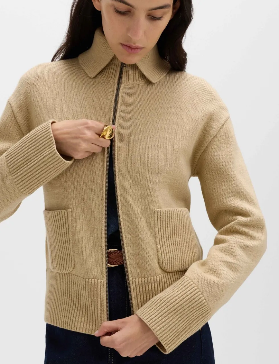 Cotton Rich Pocket Detail Collared Knitted Jacket