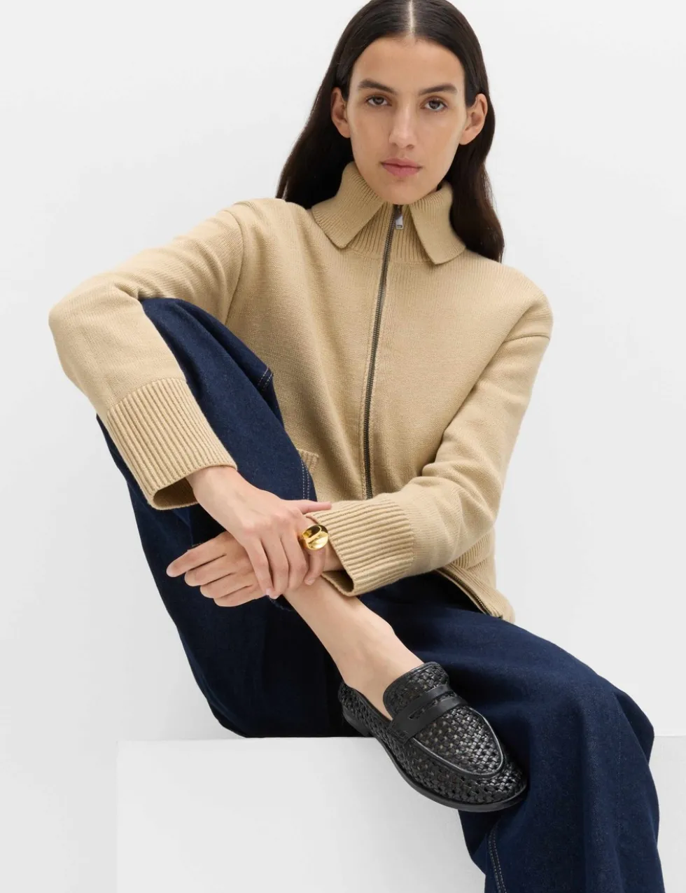 Cotton Rich Pocket Detail Collared Knitted Jacket