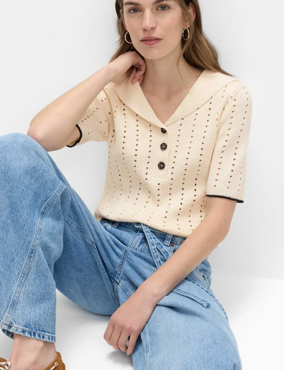 Cotton Rich Pointelle Collared Knitted Top