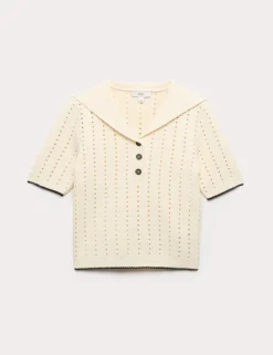 Cotton Rich Pointelle Collared Knitted Top