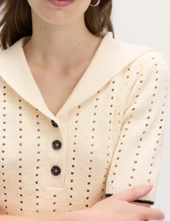 Cotton Rich Pointelle Collared Knitted Top