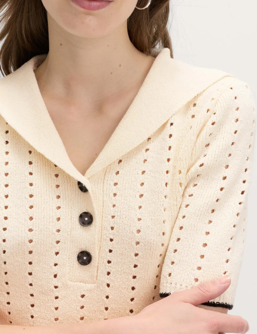 Cotton Rich Pointelle Collared Knitted Top