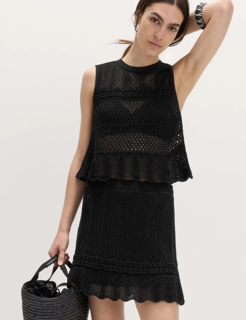 Cotton Rich Pointelle Knitted Mini Skirt