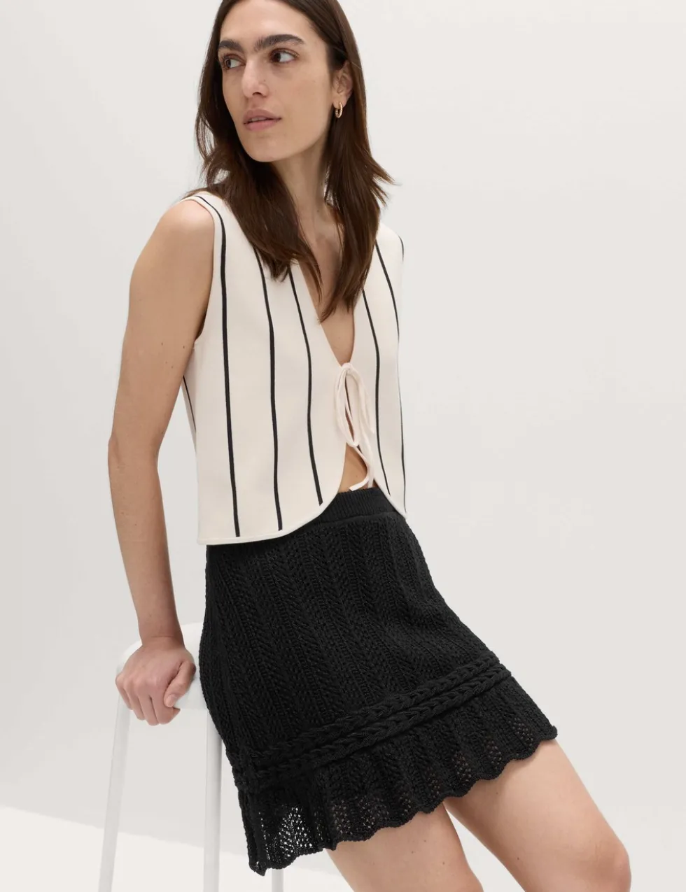 Cotton Rich Pointelle Knitted Mini Skirt