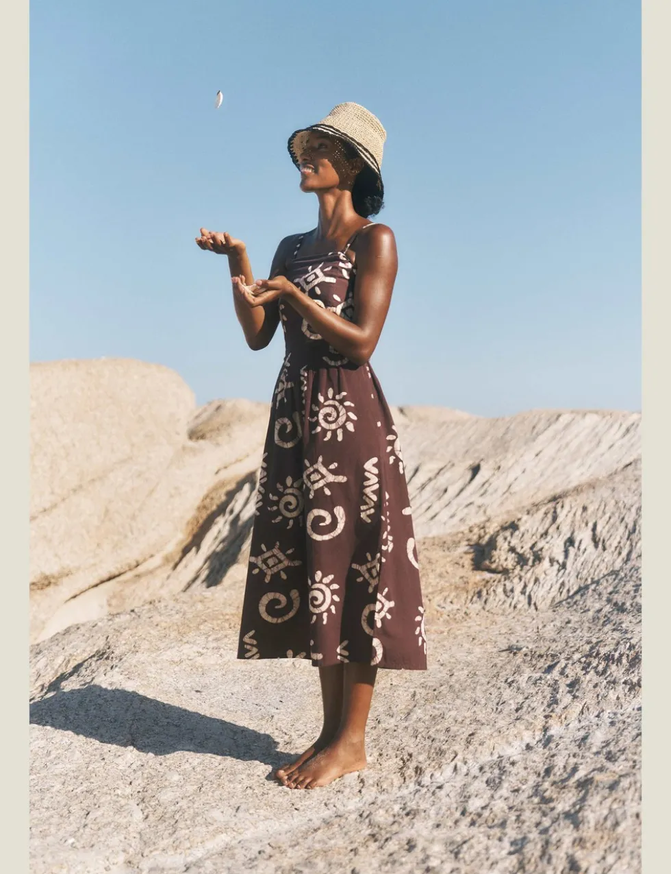 Cotton Rich Printed Midi Waisted Dress with Linen