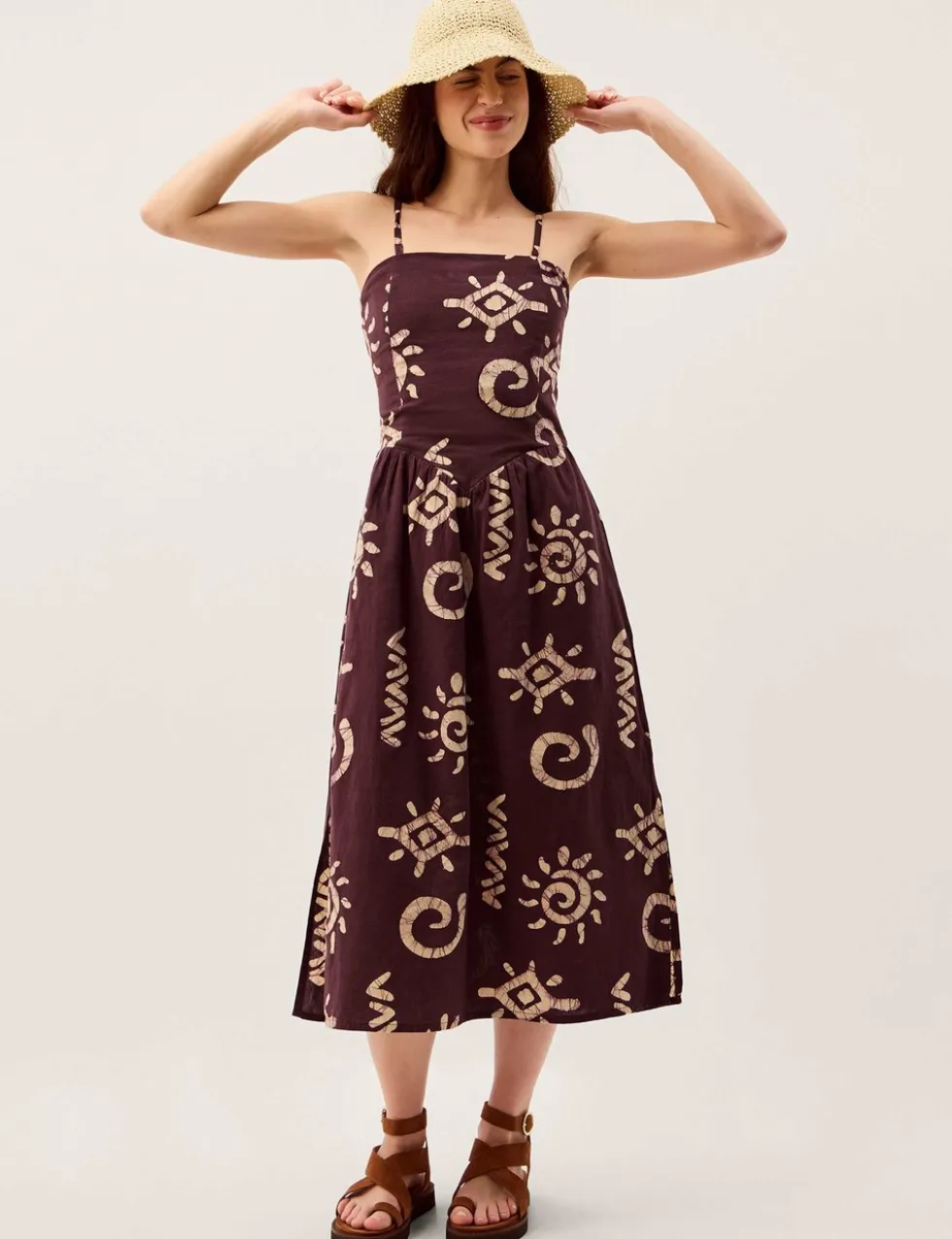 Cotton Rich Printed Midi Waisted Dress with Linen