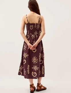 Cotton Rich Printed Midi Waisted Dress with Linen