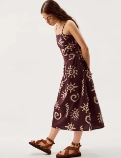 Cotton Rich Printed Midi Waisted Dress with Linen