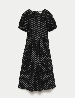 Cotton Rich Printed Puff Sleeve Midi Waisted Dress