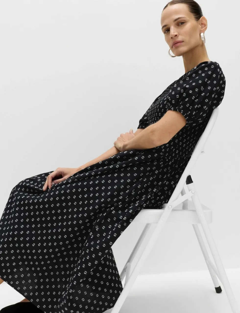 Cotton Rich Printed Puff Sleeve Midi Waisted Dress