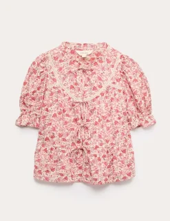 Cotton Rich Printed Tie Front Blouse