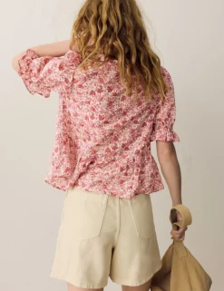 Cotton Rich Printed Tie Front Blouse