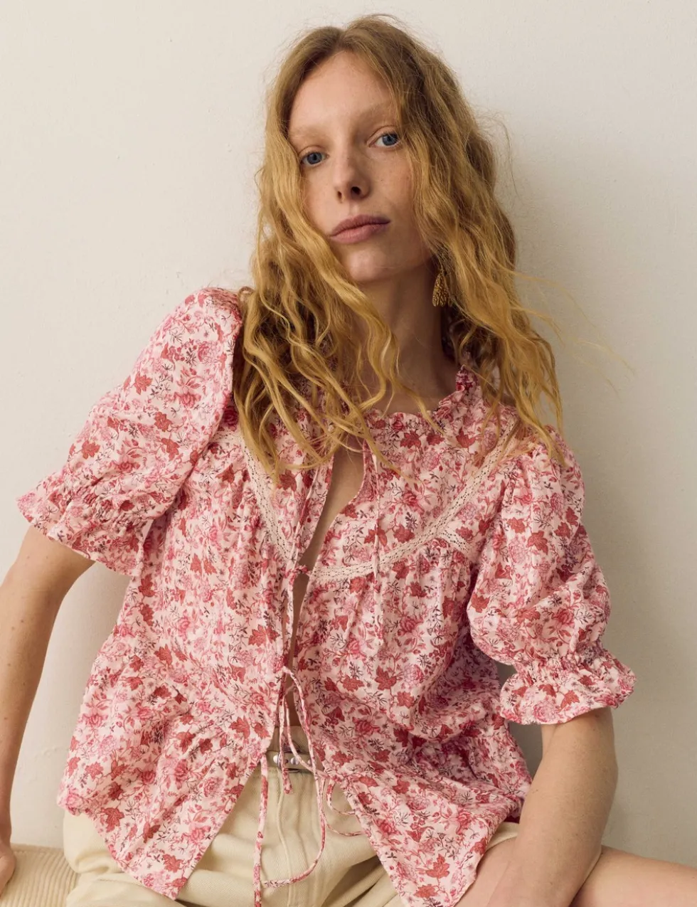 Cotton Rich Printed Tie Front Blouse