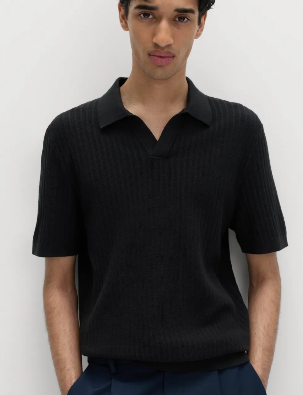 Cotton Rich Rib Texture Open Neck Polo Shirt