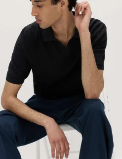 Cotton Rich Rib Texture Open Neck Polo Shirt