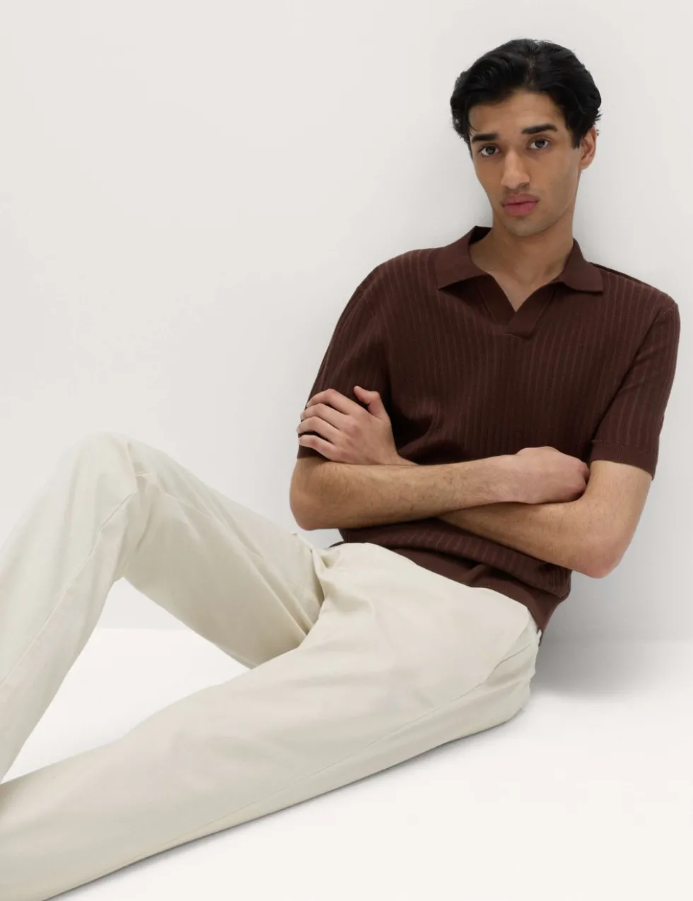 Cotton Rich Rib Texture Open Neck Polo Shirt