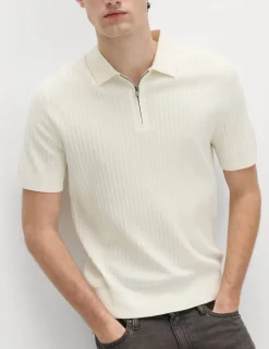 Cotton Rich Ribbed Knitted Zip Up Polo Shirt