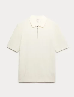 Cotton Rich Ribbed Knitted Zip Up Polo Shirt