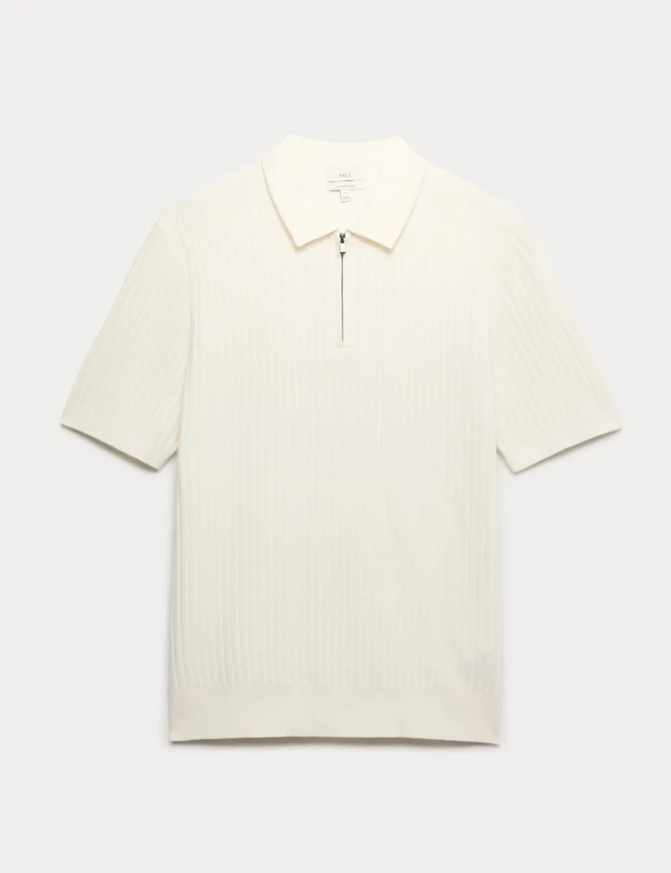 Cotton Rich Ribbed Knitted Zip Up Polo Shirt