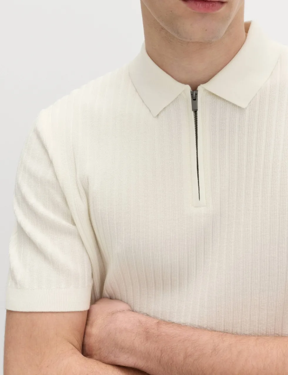 Cotton Rich Ribbed Knitted Zip Up Polo Shirt