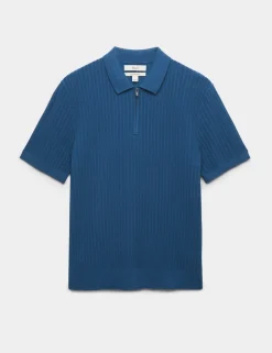 Cotton Rich Ribbed Knitted Zip Up Polo Shirt
