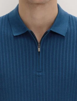 Cotton Rich Ribbed Knitted Zip Up Polo Shirt
