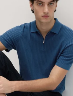 Cotton Rich Ribbed Knitted Zip Up Polo Shirt