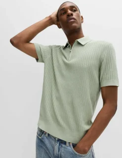 Cotton Rich Ribbed Knitted Zip Up Polo Shirt