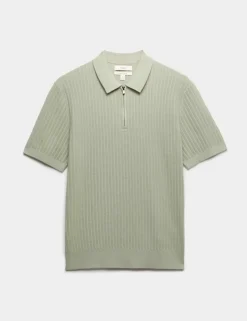 Cotton Rich Ribbed Knitted Zip Up Polo Shirt