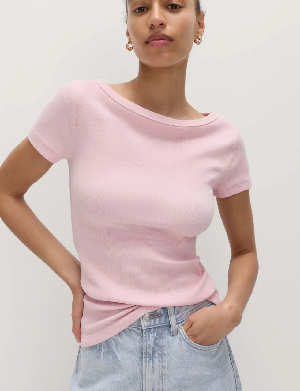 Cotton Rich Ribbed Slash Neck T-Shirt