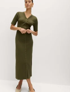 Cotton Rich Ribbed V-Neck Midi Column Dress