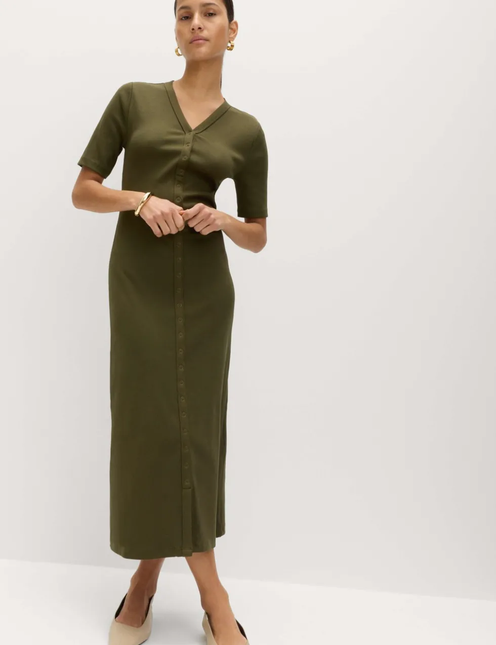 Cotton Rich Ribbed V-Neck Midi Column Dress