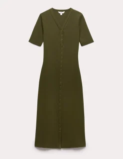Cotton Rich Ribbed V-Neck Midi Column Dress
