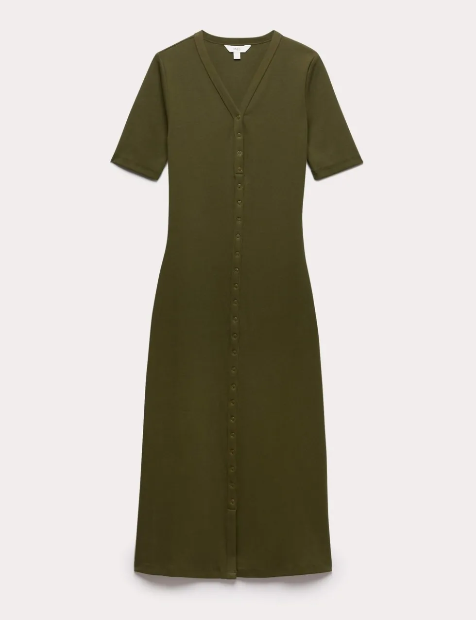 Cotton Rich Ribbed V-Neck Midi Column Dress
