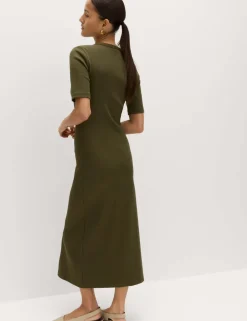 Cotton Rich Ribbed V-Neck Midi Column Dress